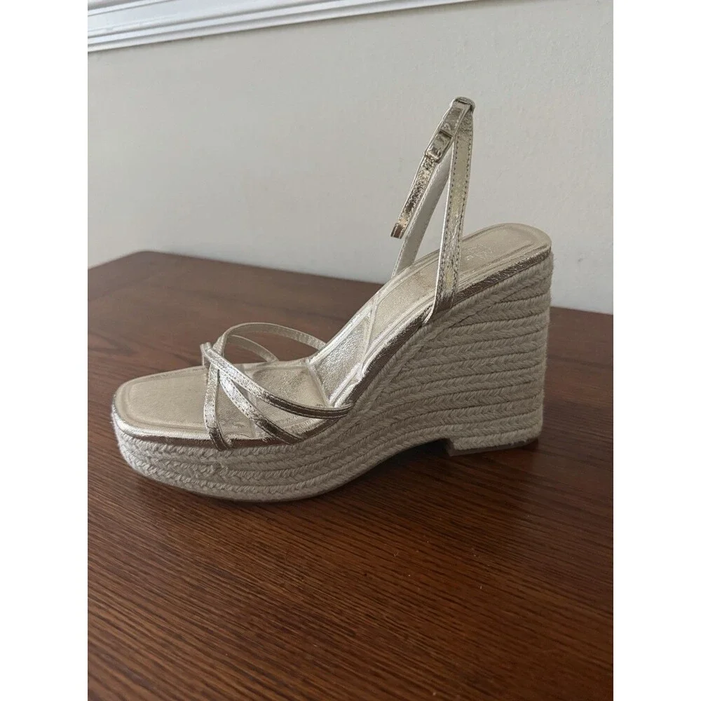 Zara Gold Metallic Espadrille Wedge Sandals Women's Size 9 Strappy Platform - Picture 7 of 12